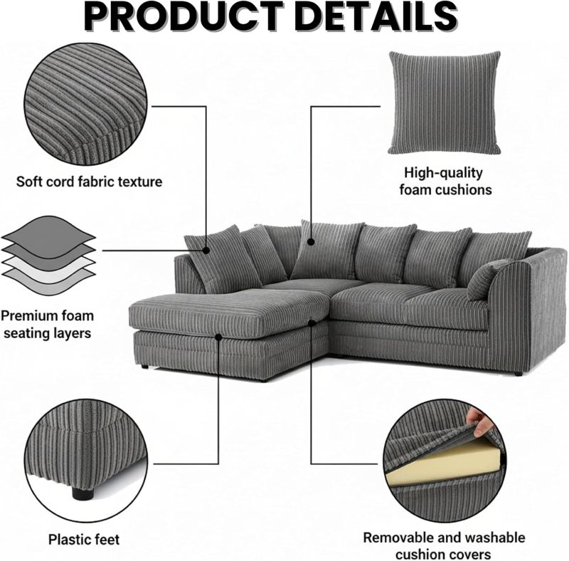 Grey Jumbo cord Left Hand Facing Scatter Back sofa