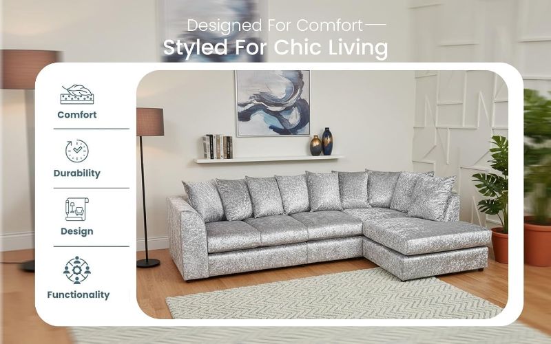Right Hand Sectional Settee for Living Room Lounge Indoor (Silver, Right hand XL Corner)