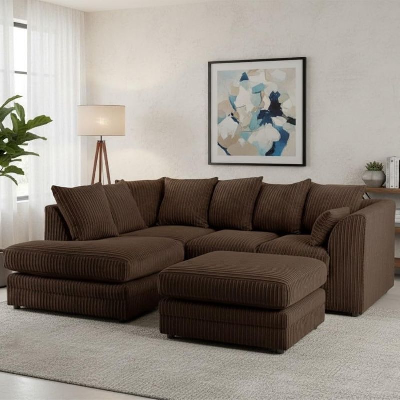 L-Shaped Jumbo Cord Corner Sofa Set with Footstool – 4 Seater Comfy Upholstered Sofa Suite – RH Facing & LH Facing