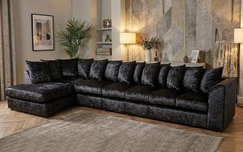 Crushed Velvet 7 Seater Corner Sofa (Black, LH facing)
