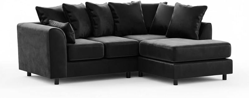 Black Plush Velvet L-Shape Corner Sofa – 4 Seater RH Facing Modular Sectional – Scatter Back Curved Arm Living Room Couch