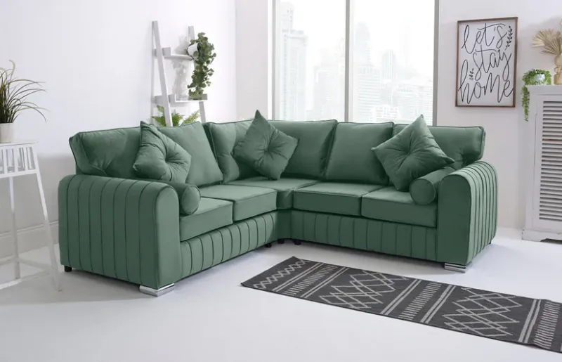 Lilly Green Corner Sofa – 2C2 Layout with Plush High Back Cushions