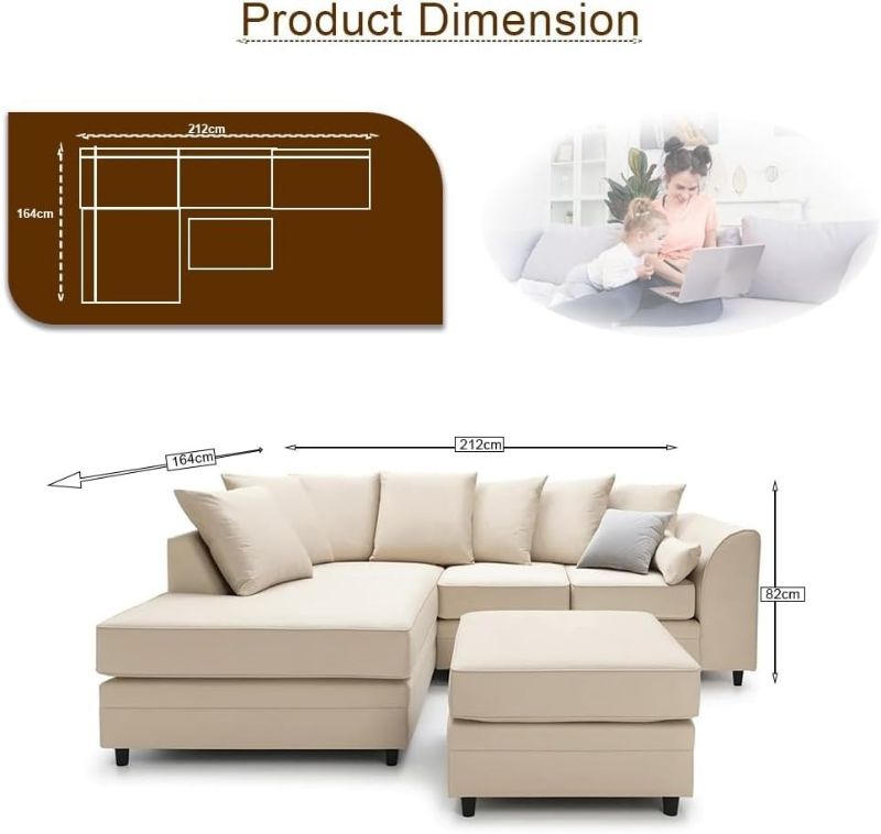 Cream Corner Sofa with Footstool | 4 Seater L-Shape Sectional | Plush Velvet Left/Right Hand Settee for Living Room