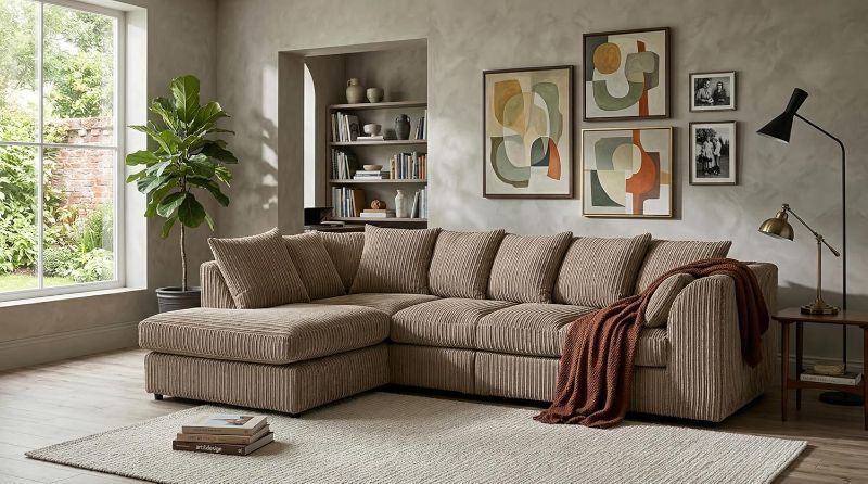 Upholstered L Shaped Scatter Back Seated Couch for Living Room (Mink, 5 Seater, LHC)