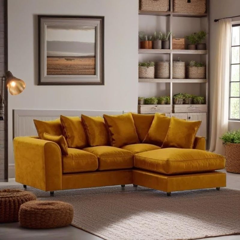 4 Seater Corner Sofa Set – Plush Velvet Gold Mustard L-Shape Couch with Swivel Cuddle Chair (Right Hand)