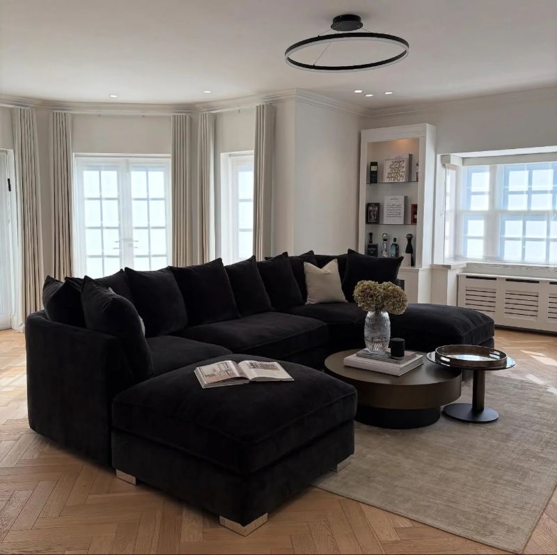 Black U Shape Scatter Back Corner Sofa – Large Luxury Fabric Suite with Deep Seating