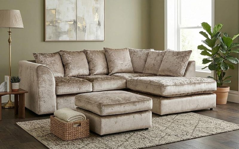 Mink Crushed Velvet L-Shape Corner Sofa with Footstool | 3–4 Seater | Memory Foam Cushions | Left or Right Hand Facing Modern Sectional Sofa