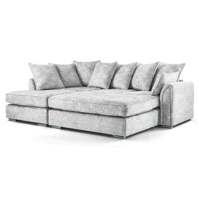 Chiswick Chenille 4 Seater Fabric Corner Sofa in Silver with Footstool – Left or Right Hand Facing