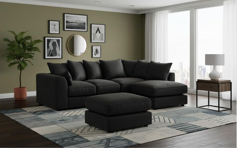 Black Velvet Corner Sofa – 4 Seater L-Shape with Footstool (Right Hand)