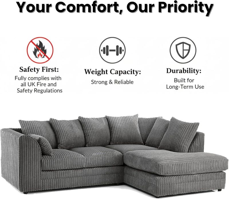 Jumbo cord L shape Grey 4 seater Right hand