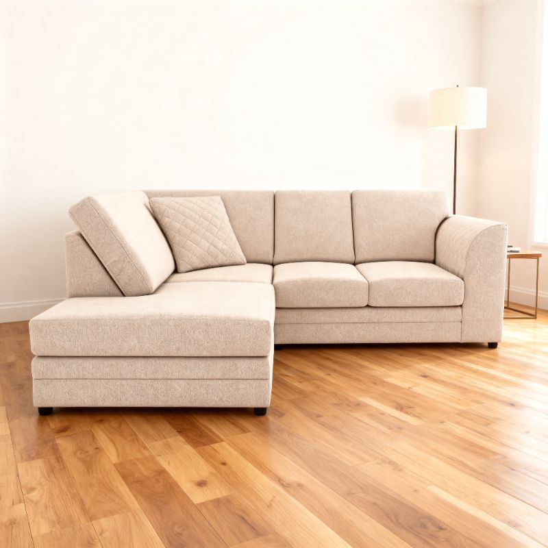 Luxury Beige 3–4 Seater Corner Sofa – L Shape Chenille Sofa with Quilted Arms | UK