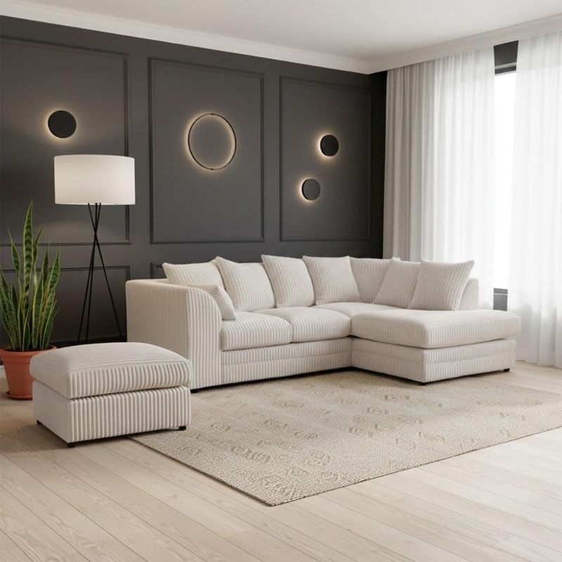 L-Shaped Jumbo Cord Corner Sofa Set with Footstool – 4 Seater Comfy Upholstered Sofa Suite – RH Facing & LH Facing