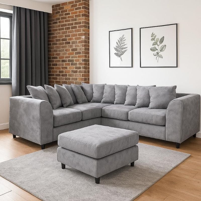 Alaska Light Grey 2C2 Corner Sofa – 5 Seater with Footstool | Modular Fabric Scatter Back Sectional | Dual Arm Living Room Sofa Suite