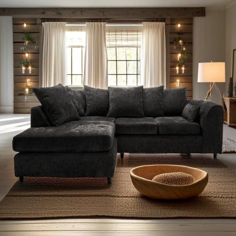 Black Alaska L-Shaped 4 Seater Corner Sofa – Left or Right Hand Facing Sectional Scatter Back Couch for Living Room