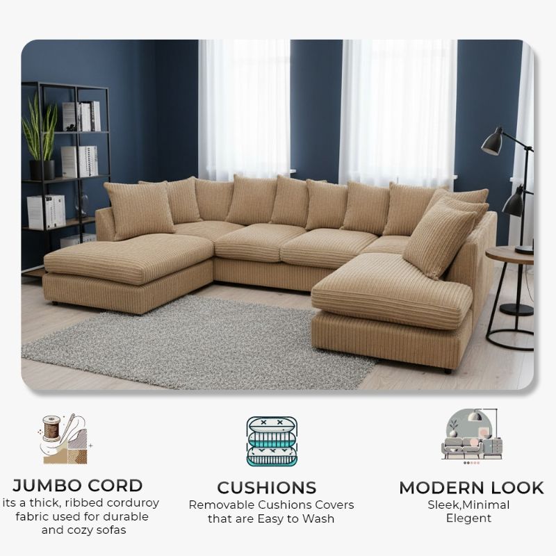 Jumbo Cord U Shape Beige Scatterback Sofa