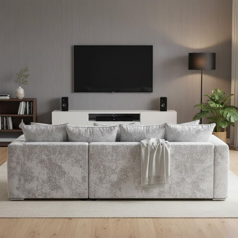 Grey Corner Sofa with Footstool | L-Shape 4 Seater | Pearl Alaska Fabric | Right-Hand Sectional Scatter Back Sofa (RH)