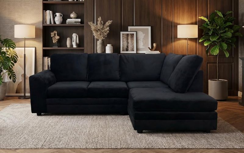 Luxury Black Velvet 4 Seater Corner Sofa – Right Hand L Shape Sectional Sofa | UK