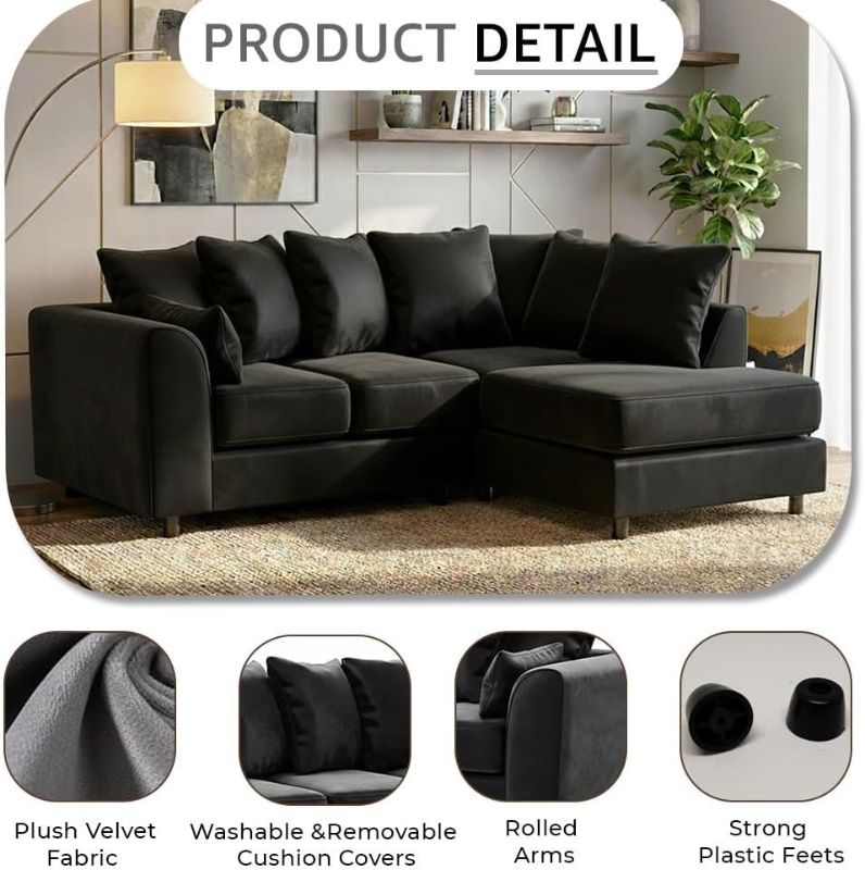 Black Plush Velvet L-Shape Corner Sofa – 4 Seater RH Facing Modular Sectional – Scatter Back Curved Arm Living Room Couch