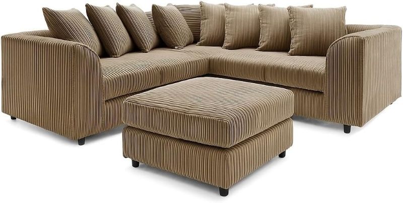Mink Jumbo Cord Corner Sofa – 5 Seater 2C2 | Scatter Back Sectional Dual Arm Suite with Footstool | Comfy Living Room Sofa