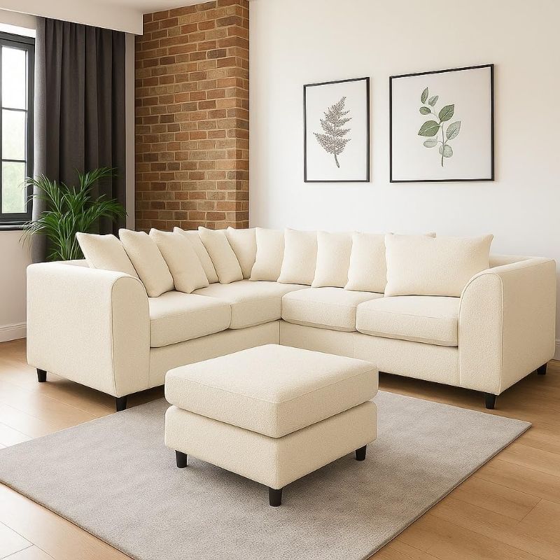 Bouclé Corner Sofa – Cream | 5 Seater 2C2 Modular Sectional | Dual Arm Scatter Back Teddy Fabric Couch | Curved Arm Living Room Sofa