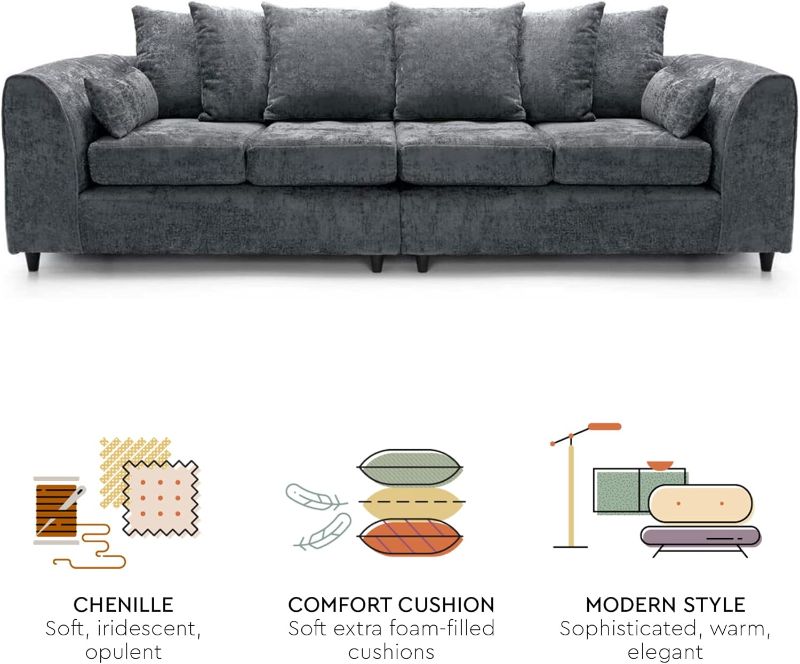 Dark Grey Crushed Chenille - Large 4 Seater Couch Unit for Living Room