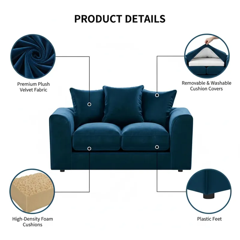 2 Seater Velvet Sofa (Blue)