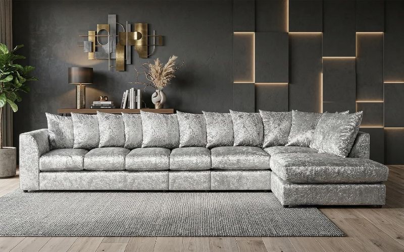 Crushed Velvet 7 Seater Corner Sofa (Silver, RH facing)