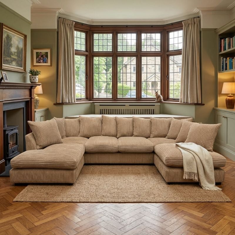 Bishop Jumbo Cord U-Shape Beige Scatter Back Sofa – Large Corner Sofa UK