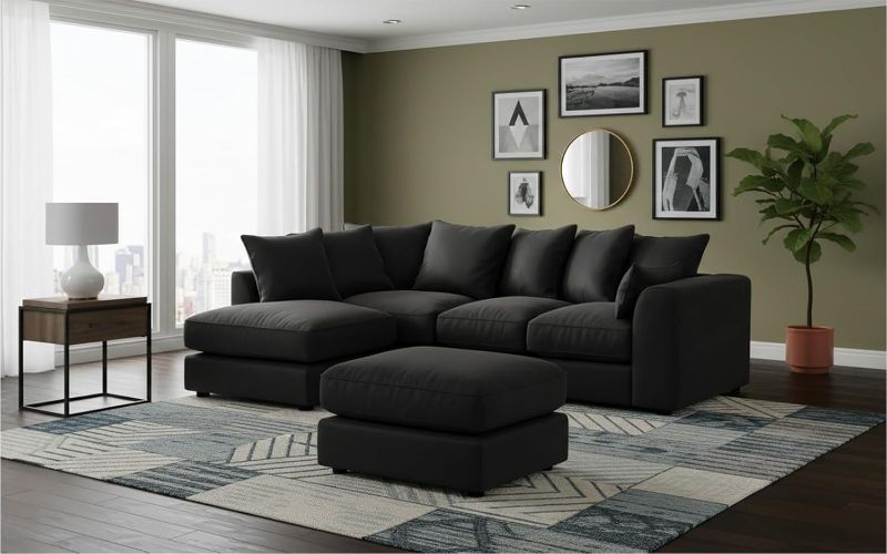 Black Velvet Corner Sofa – 4 Seater L-Shape with Footstool (Right Hand)