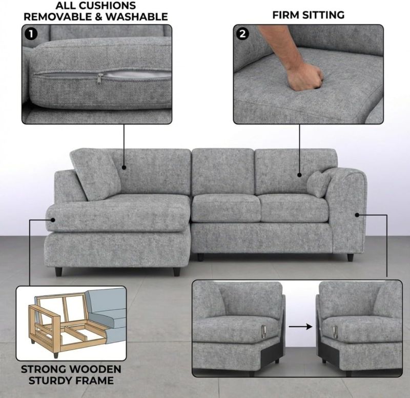 Left Hand Facing Corner Sofa – Light Grey Alaska Fabric | Full Back Firm Seating | Wooden Frame & Padded Armrests