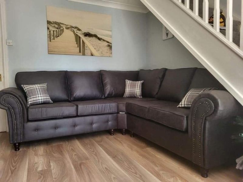 Black Leather Corner Sofa | 2C2 5 Seater Oakland Style | High Back Modular Dual Arm Foam Settee for Living Room
