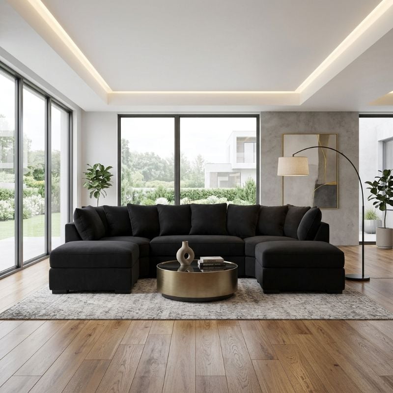 Bishop Black U Shape Scatter Back Sofa – 5 Seater Corner Sofa UK