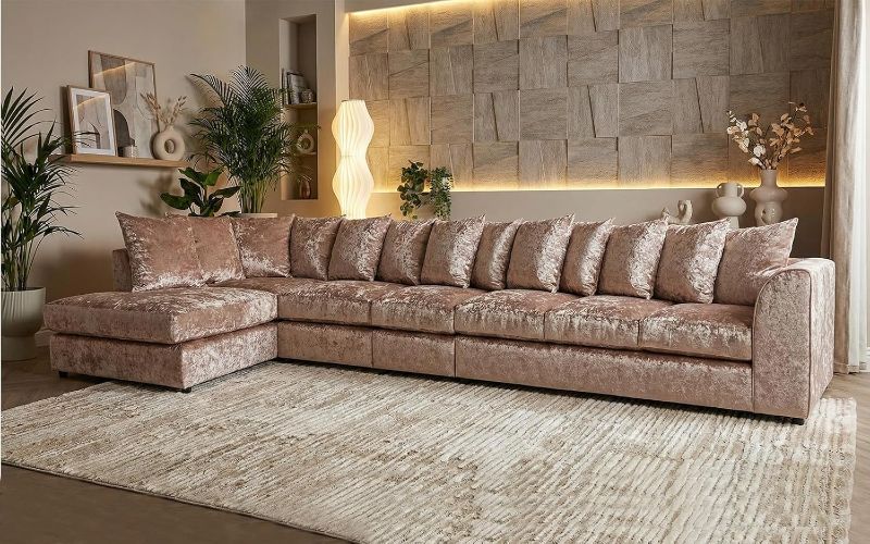 Crushed Velvet 7 Seater Corner Sofa (Mink, LH facing)