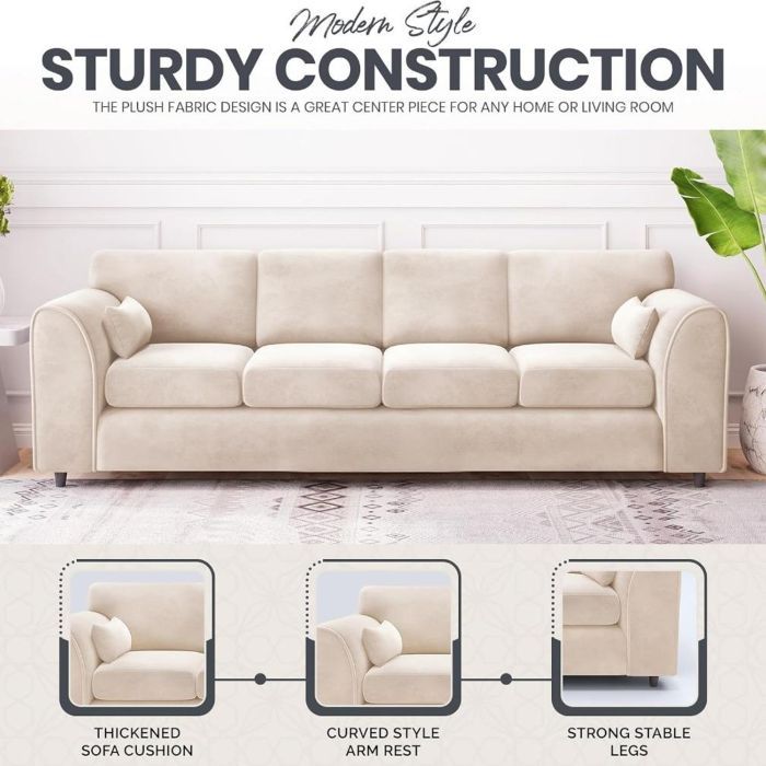 Plush Velvet 4 Seater Fullback Sofa - Cream