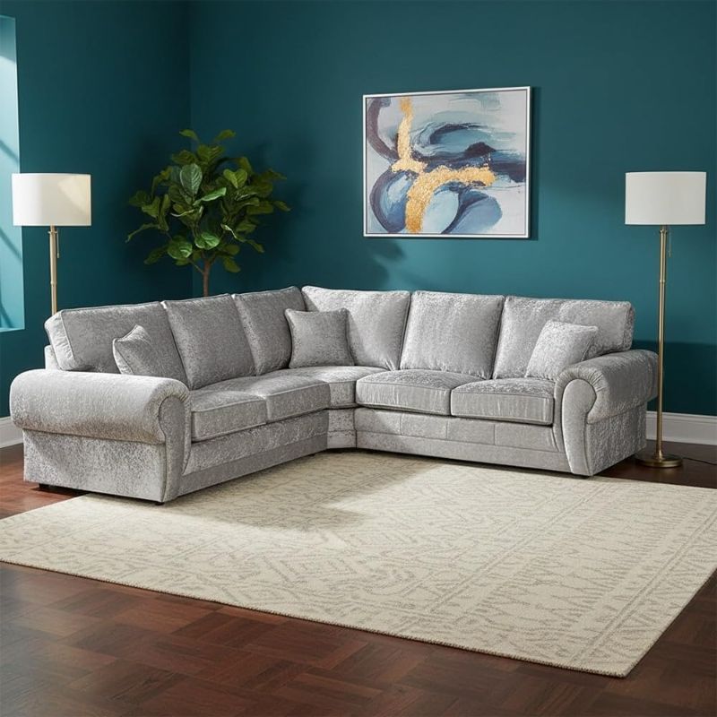 🛋️ Grey Plush Velvet 5 Seater 2C2 Corner Sofa with Footstool