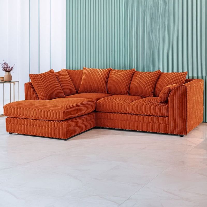 L Shape Jumbo Cord 4 Seater Orange Corner Sofa - Left Side