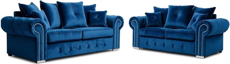 Soft Blue Plush Velvet 3+2 Seated Fabric Sofas Suite