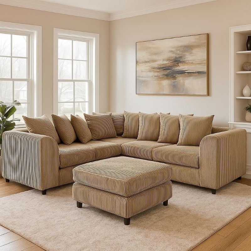 Mink Jumbo Cord Corner Sofa – 5 Seater 2C2 | Scatter Back Sectional Dual Arm Suite with Footstool | Comfy Living Room Sofa
