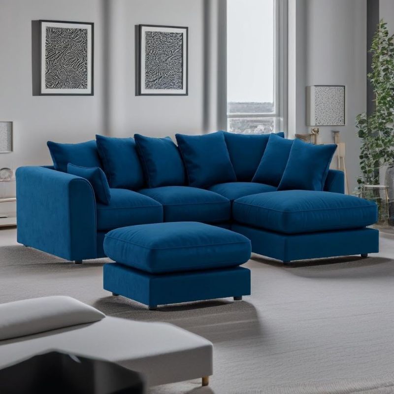 Blue Velvet Corner Sofa – 4 Seater L-Shape with Footstool, Curved Arm (Left Hand)