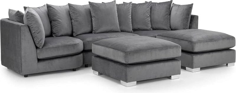 Bishop Plush Velvet U-Shape Sofa Set Large Sectional Suite (Grey, Scatter Back Cushions)