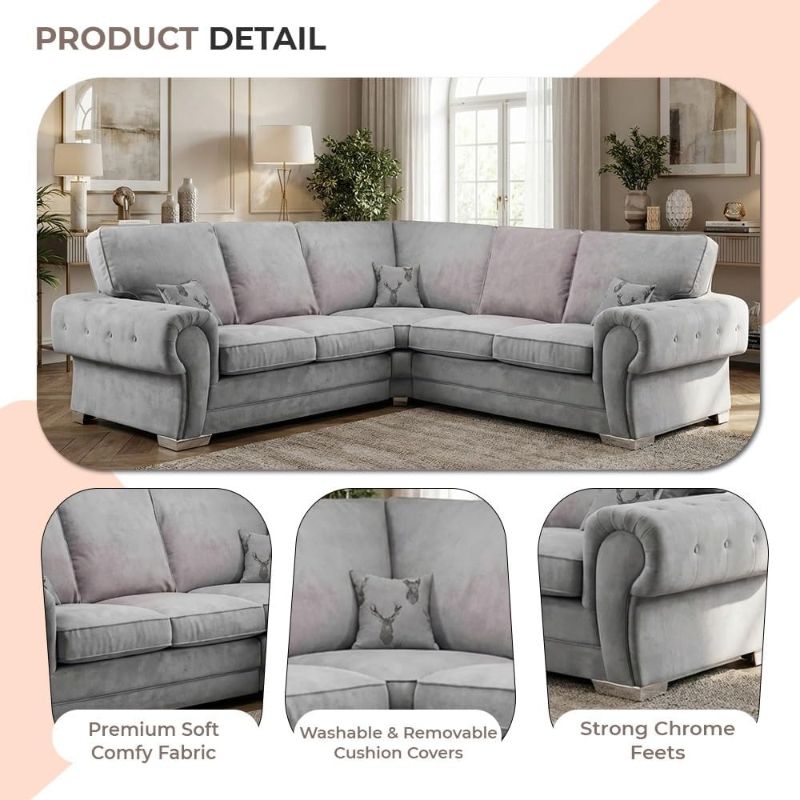 Luxury Grey Chesterfield 5 Seater Corner Sofa | High Back Alaska Chenille | 2C2 L Shape Sofa
