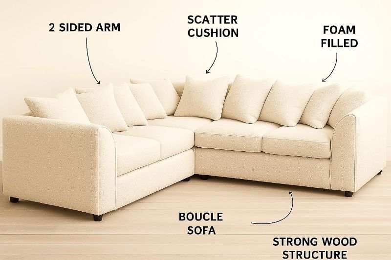 Bouclé Corner Sofa – Cream | 5 Seater 2C2 Modular Sectional | Dual Arm Scatter Back Teddy Fabric Couch | Curved Arm Living Room Sofa
