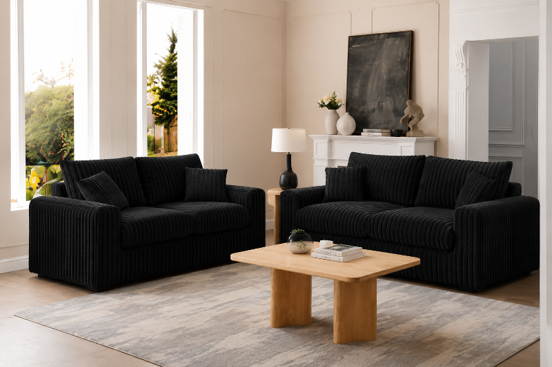 Dylan Plush Thick Cord Sofa Set – 3 Seater & 2 Seater – Black