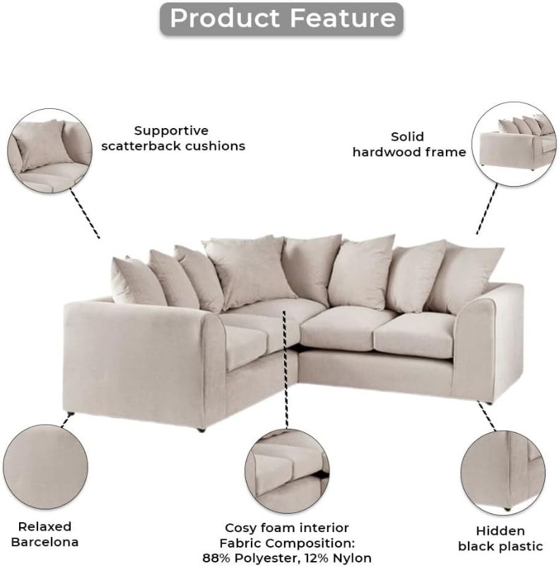 Cream 2C2 Corner Sofa | Modular 5 Seater L-Shape Cloud Couch | Dual Arm Scatter Back Set with Footstool for Living Room