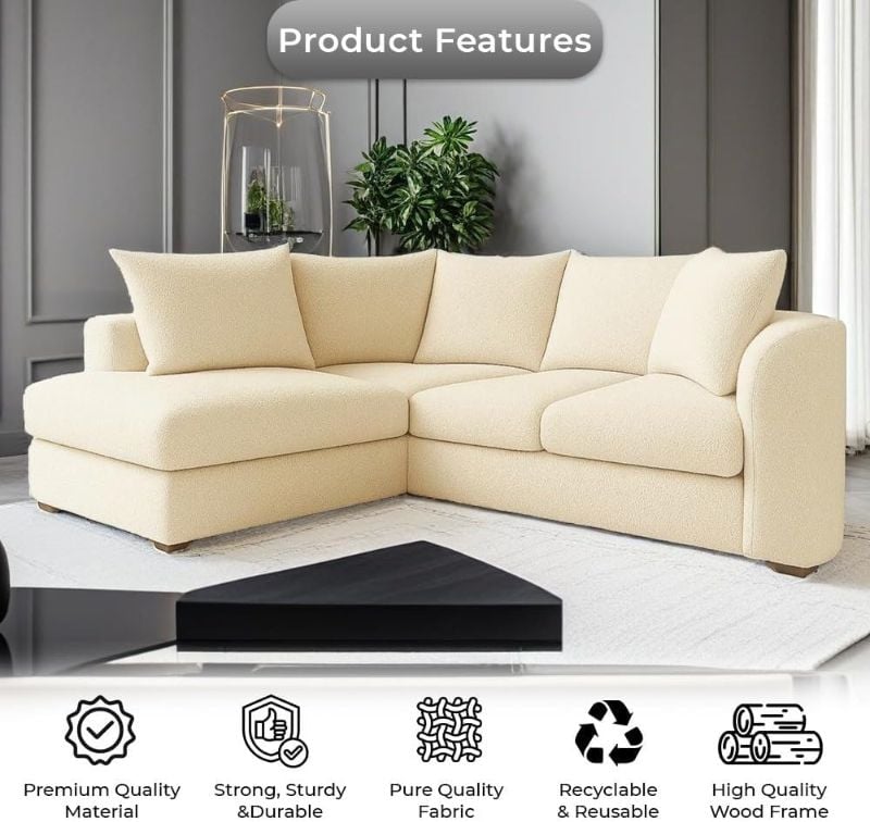 Cream Bouclé 4 Seater L-Shaped Corner Sofa – Teddy Fabric | Left or Right Hand UK