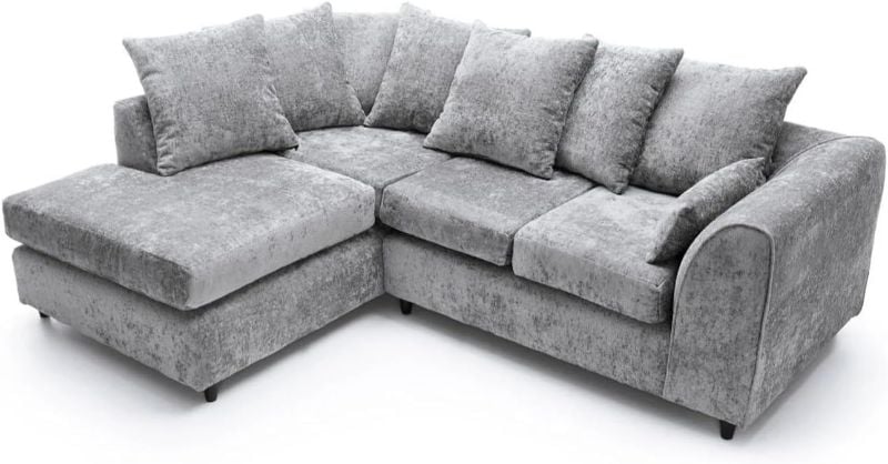 Light Grey Chenille L-Shaped Corner Sofa – Modular 4 Seater Chaise Suite – RH/LH Facing Scatter Back Curved Arm Couch (Alaska)