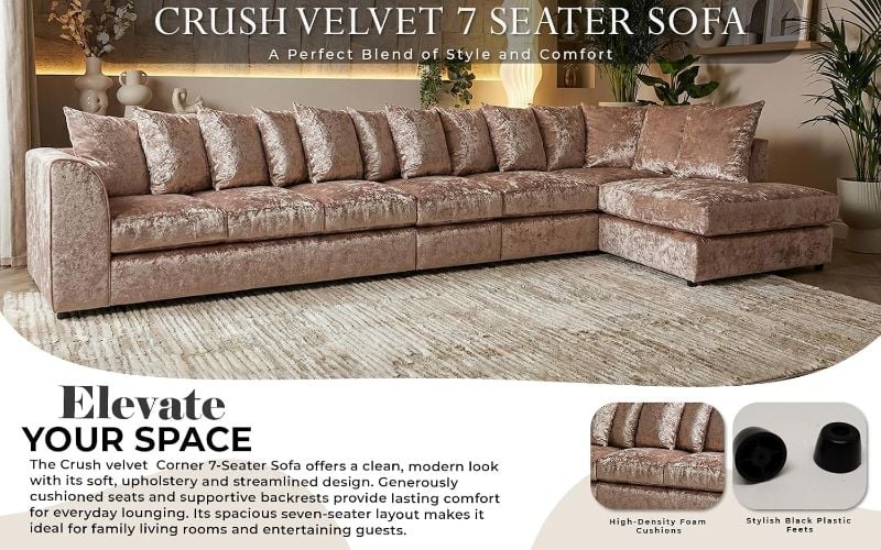 rushed Velvet 7 Seater Corner Sofa (Mink, RH facing)