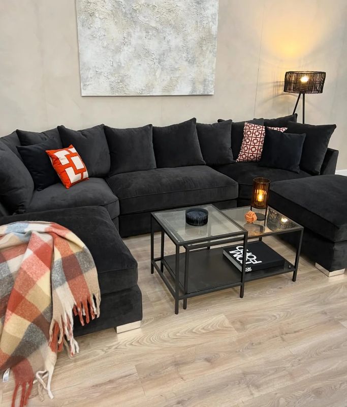 Black U Shape Scatter Back Corner Sofa – Large Luxury Fabric Suite with Deep Seating
