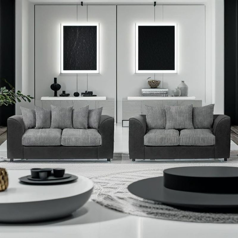 Grey & Black Jumbo Cord Corner Sofa Set – 4 Seater L-Shape Scatter Back Couch (3+2 Set)