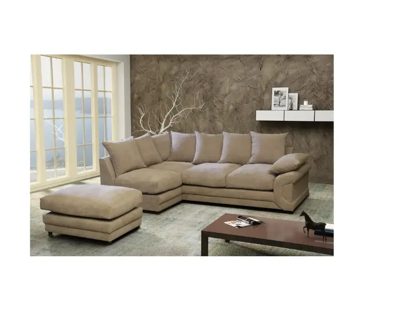 Dino Left Hand L-Shape Corner Sofa – Beige Fabric Sofa with Matching Footstool